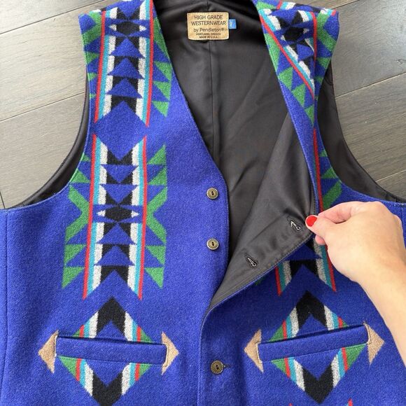 Vtg Pendleton High Grade Western Wear Wool Vest 42 Cobalt Blue Southwest Aztec - Picture 5 of 12